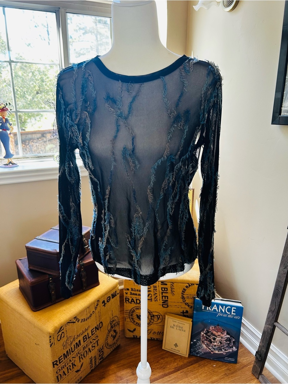 Karen Kane Sheer Black Long-Sleeve Fringe Detail Blouse